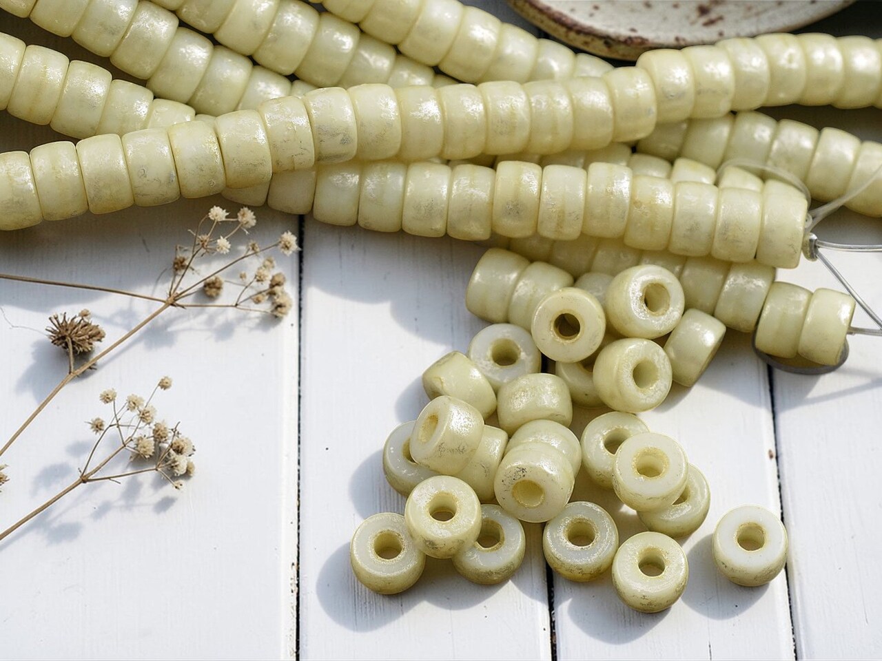 *25* 6mm Opaque Ivory Silver Luster Large Hole Crow Beads